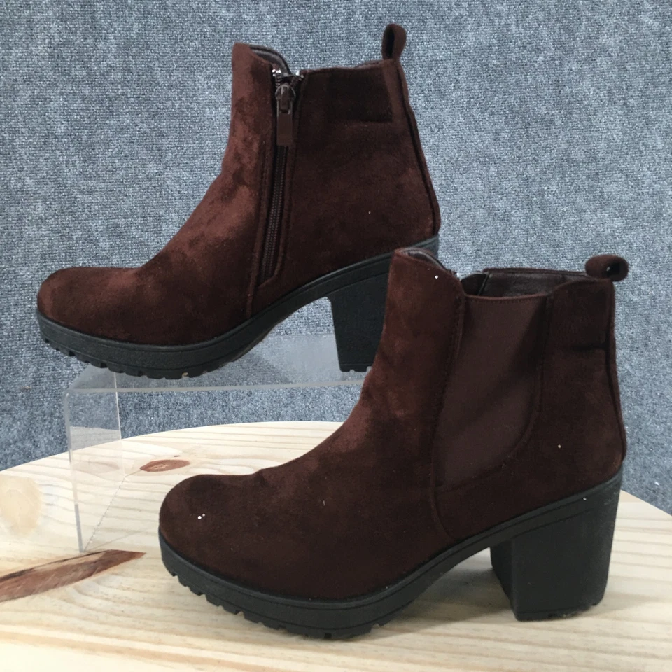 Forever Botas Mujer 8.5 Chelsea Marrón Imitación Gamuza Cremallera Lateral Tobillo Top Tacones Bloque Foto 2 de 4