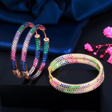 Two Tones Multicolor Rainbow CZ Big Circle Round Hoop Earrings for Women Party
