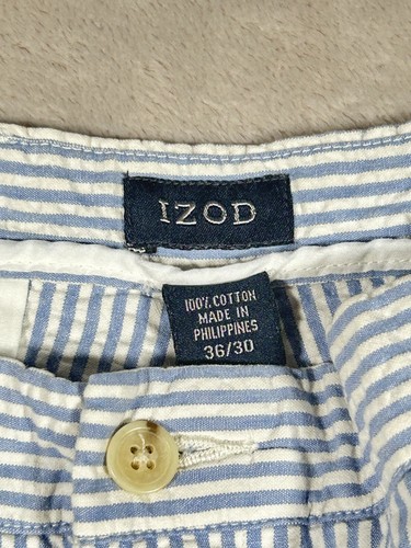 Izod Seersucker Pants Men 36x30 Blue White Cotton Golf Flat Front Preppy Slacks - Picture 2 of 17