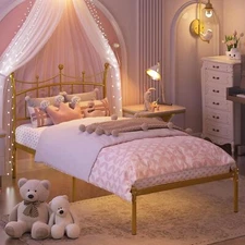 Twin Size w/ Crown-Shaped Headboard Bed Frame Heavy Duty Metal Platform For Kids