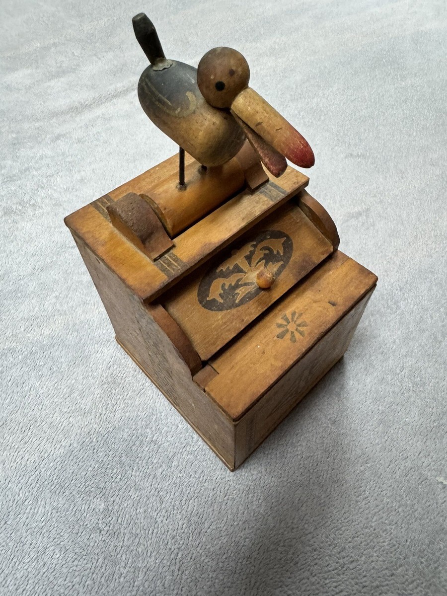 Vintage Antique 1960s Wooden Inlaid Cigarette Dispenser Box with Bird on  Top !!