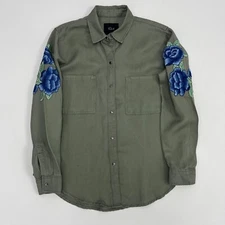 Rails Marcel Sage Blue Floral Patch Button Up Shirt Linen Blend XS Oversized
