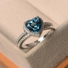 925 Sterling Silver Ring, Blue Topaz Engagement Ring, Heart shape, 2 Ring Set