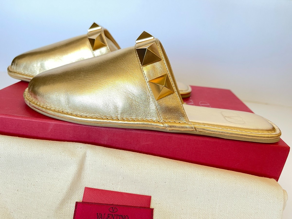 Valentino Garavani Roman Stud Metallic Leather Mules Slippers US /Eur 38