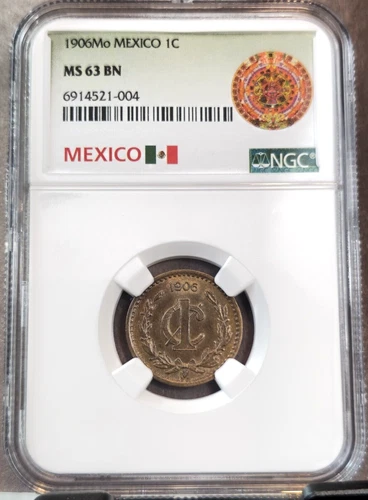 1906 MEXICO 1 CENTAVO 1C NGC MS 63 BN BEAUTIFUL MINT STATE COIN