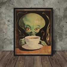 ALIEN COFFEE Wall Art Print, Retro Cryptid Tea Home Decor, Sci-fi Kitchen Poster