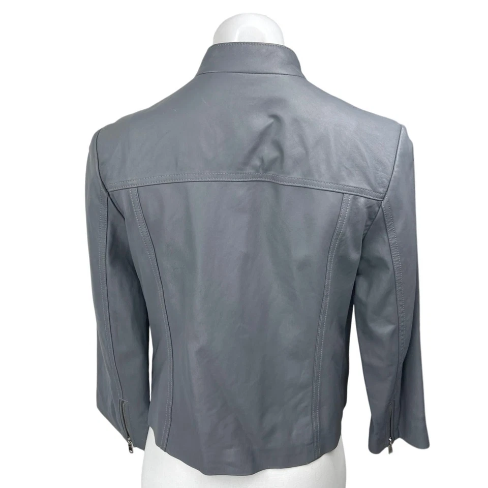 Chaqueta Abrigo Mujer Joie Casella Cuero Cordero Gris Cremallera Asimétrica Motociclista L Foto 2 de 4