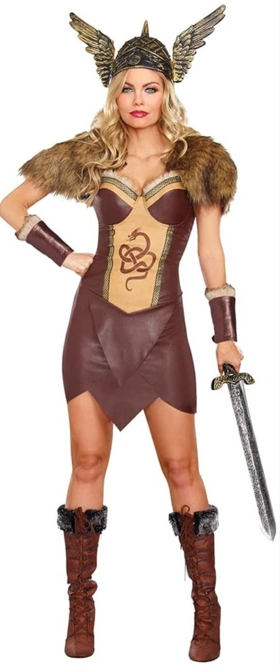 Dreamgirl Disfraz Vikingo Mujer Mediano Imitación Cuero Vestido Borde Celta 10222 Foto 2 de 4