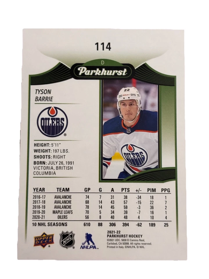 Excellent: 2021-22 Parkhurst Tyson Barrie Edmonton Oilers Trading Card - Image 2 of 2