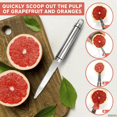 Coltello Pompelmo con Lama Dentellata Curva Affettatrice Frutta e Taglierina per - Foto 3 di 8