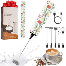 Milk Frother Handheld Rechargeable - 2-Speed Electric Whisk with 5 Detachable...
