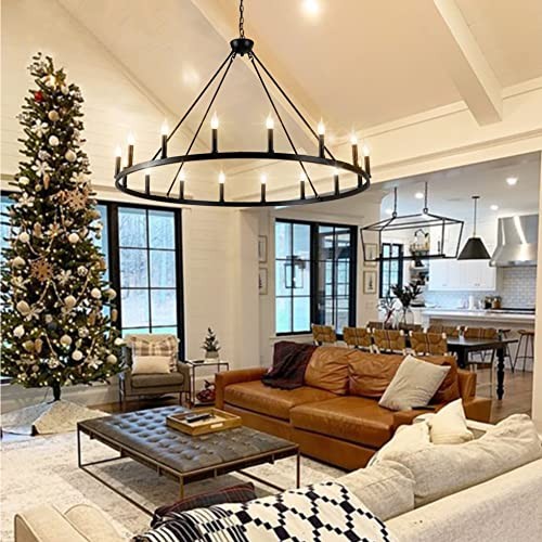 Black Wagon Wheel Chandelier Large Farmhouse Chandelier, Round Rustic 16-Light - Picture 5 of 7