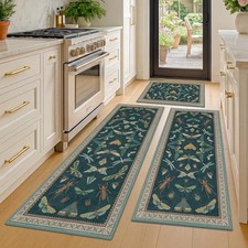 Botanical Insect Kitchen Rug Set of 3, Washable and Non-Slip Low Pile Floor