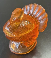 Vintage Amber Glass 7” Turkey Candy Jar Covered Dish Thanksgiving Centerpiece