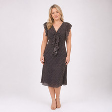 Vintage Womens Brown Polka Dot Ruffle Midi Dress 8 Y2k Wedding Guest Office
