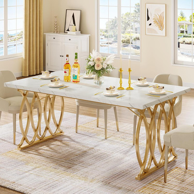 Rectangular Modern Dining Table for 4-6 with Faux Marble Top and Geometric Legs