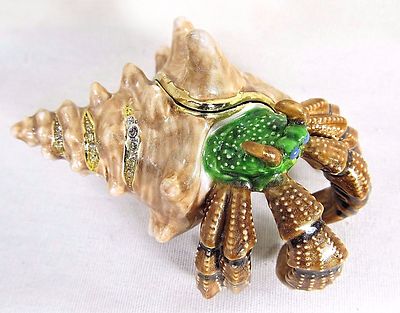 Hermit Crab Jeweled Pewter Trinket Box w/necklace Sea Life Collectible  Decor