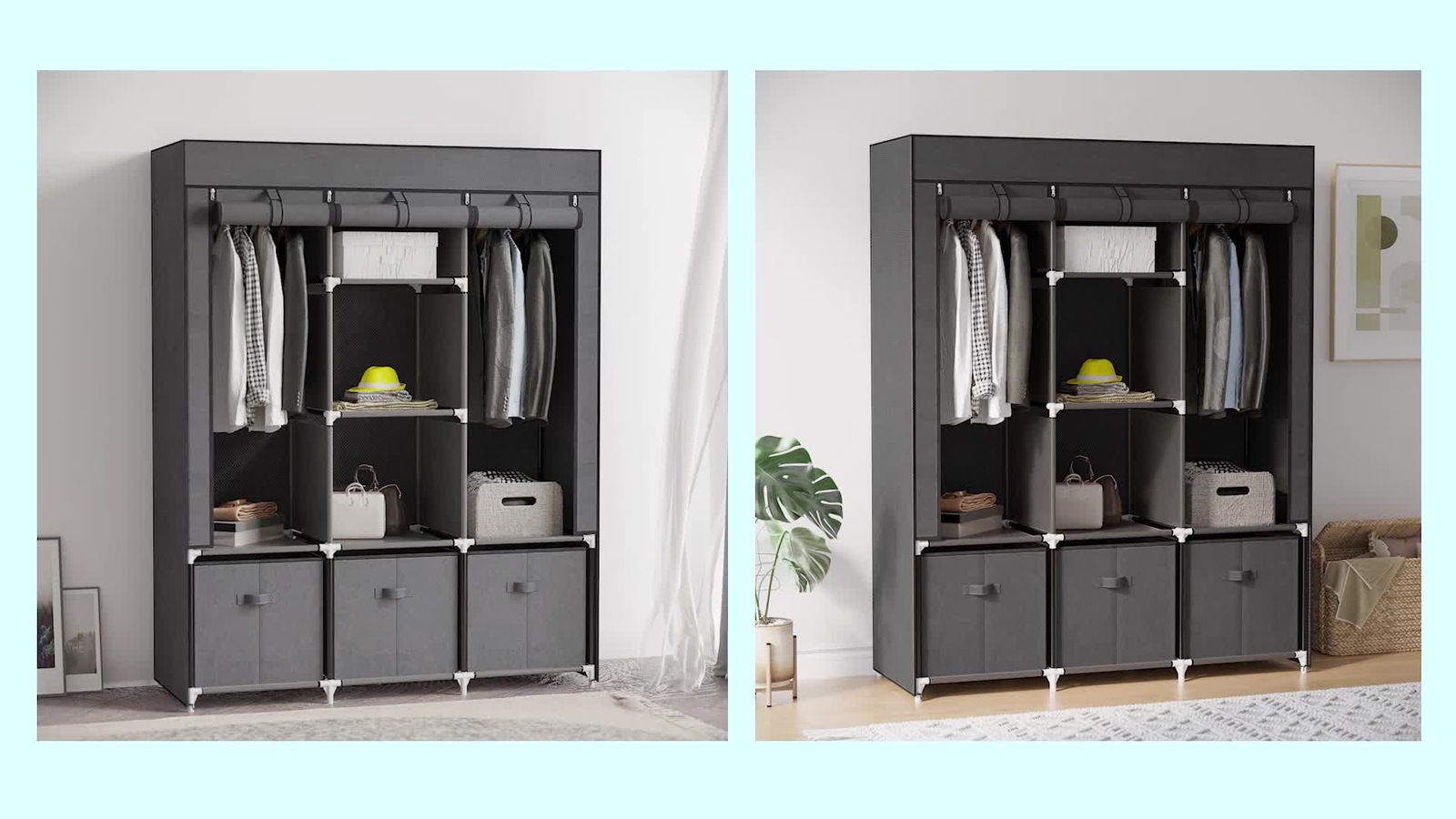 HOMCOM Large Fabric Wardrobe Closet 2 Rails, 5 Shelves 3 Drawers, Dark ...