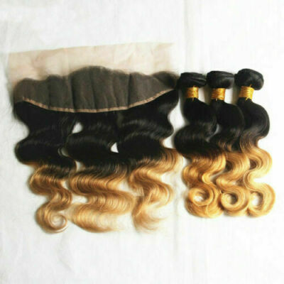 1B/27# OMBRE PERUVIAN VIRGIN HUMAN HAIR WEFT BUNDLES+13X4 FRONTAL 390g BODY WAVE