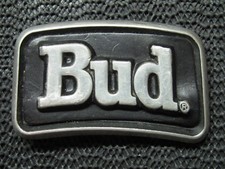 BUD BUDWEISER BEER LEATHER INLAID BELT BUCKLE VINTAGE VERY RARE 1980s USA