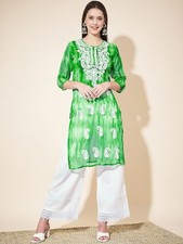 Green Kurta Paisley Embroidered Chikankari Women Kurti Tunic Top