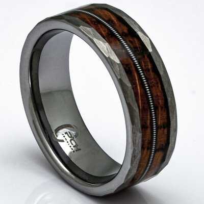 Hammered Tungsten, Whiskey Barrel, Guitar String Ring, 8mm Comfort Fit Band