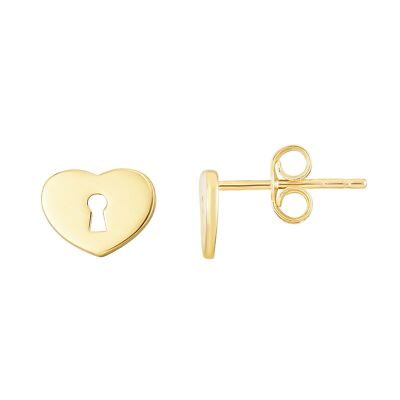 1/8'' Mini Herz und Schloss Ohrstecker echt 14K Gelbgold