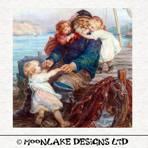 Whitby sailor with Children vintage Fabric Craft Panels 100% Cotton or polyester - Picture 2 of 3