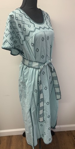 Zara Green Oversized Boho Embroidered MIDI Dress Short Sleeve Cotton Linen S NEW - Picture 6 of 14