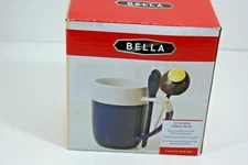 Bella 17 OZ Treat Mug Tea Cup Coffee Blue White Stoneware 6" Spoon New!