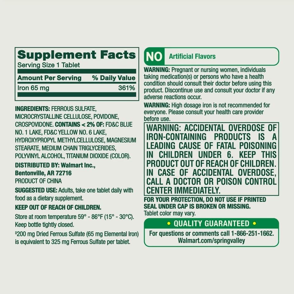 Spring Valley General Health & Wellness Iron Tablets, 65 mg, 200 Count - Image 3 of 4