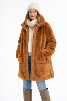 NVLT Faux Fur PLUSH TEDDY COAT Women's XL Cognac Brown  ANTHROPOLOGIE Style NWT