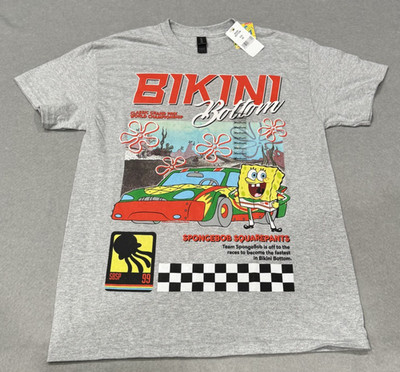 SpongeBob SquarePants Shirt Mens Medium Gray Bikini Bottom Racing Cartoon Tee