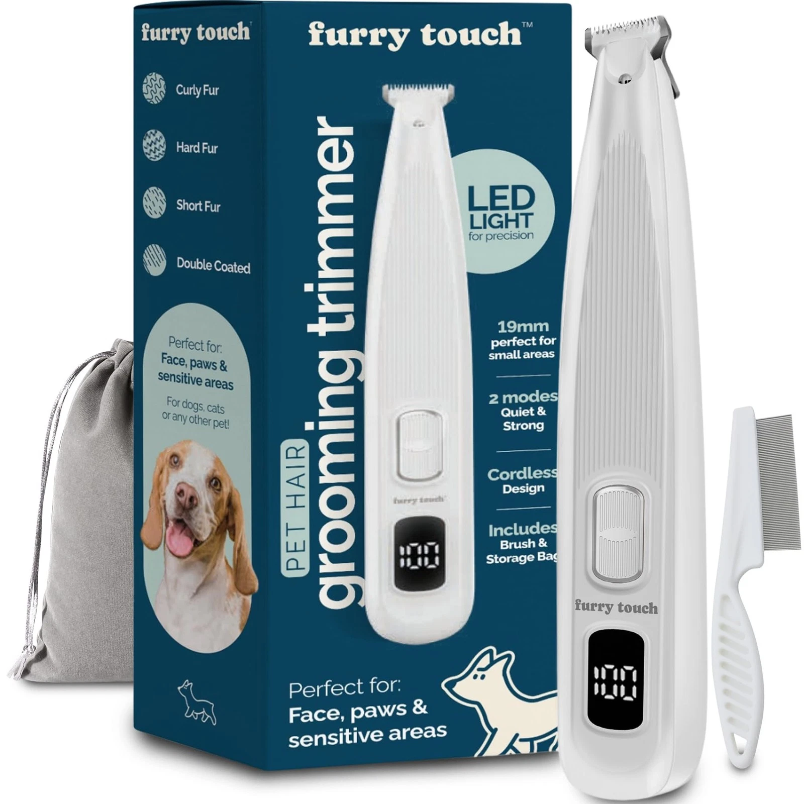 Furry Touch Dog Paw Trimmer - Electric Cordless Pet Clippers for Dogs & White