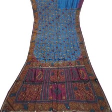 Vintage Blue Sarees 100 Pure Silk Hand Embroidered Sari 5YD Decor Craft Fabric