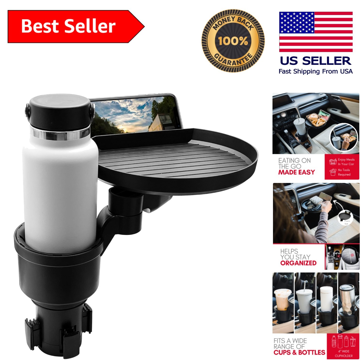 Innovative 9-Inch Car Cup Holder Tray with Phone Slot - Perfect for On-The-Go