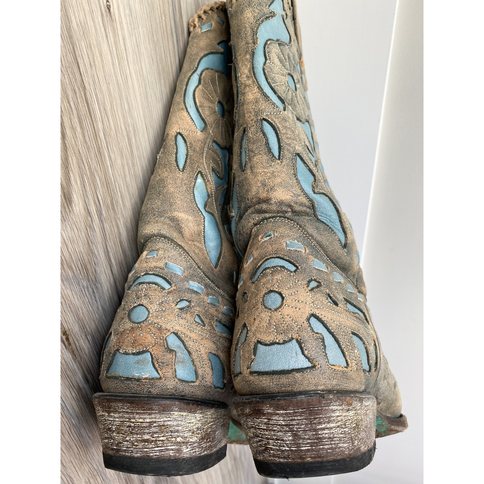 Lane Jolene Tooled Inlay Floral Snip Toe Tall Cowboy Boots 7 Blue Grey Western image 8