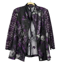 Ming Wang Heritage Fit Blazer Womens Size M Purple Floral Contrast Sleeves