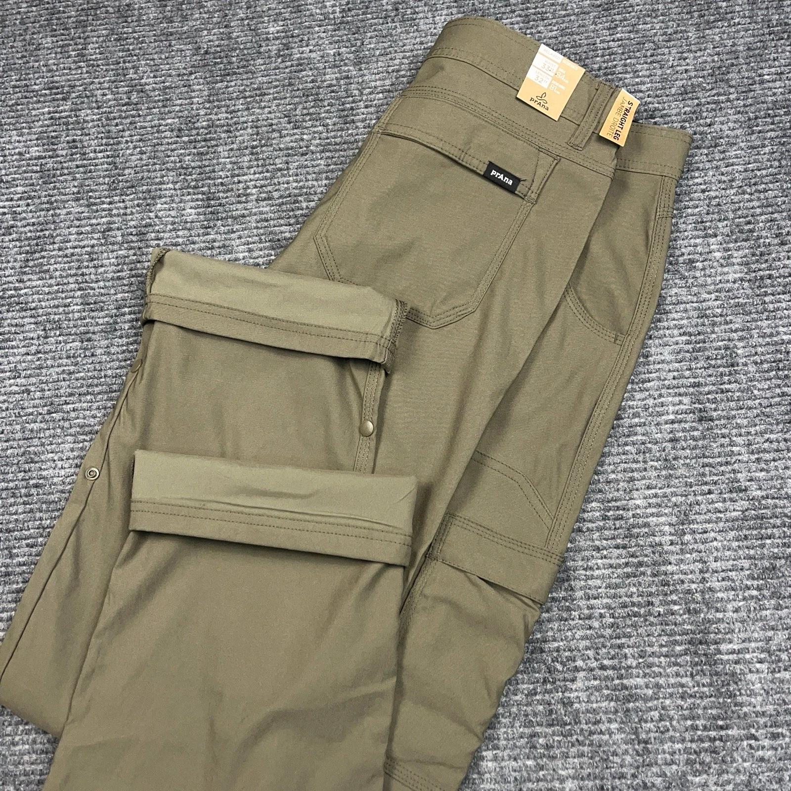 PrAna Stretch Zion Pant Green Men's 33x32 Straight Fit Cargo Roll UP NWT Olive