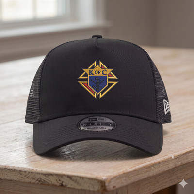 K of C Knights of Columbus Embroidered Hat Trucker Cap Flat Stitch Mesh Black