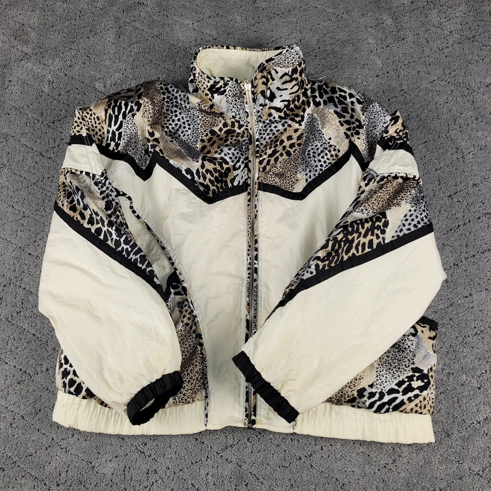 De Colección Conjunto de Invierno Chaqueta Cortavientos Para Mujer L Estampado Guepardo Cremallera Completa Cuello Simulado Años 80 Foto 3 de 4