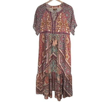 Anthropologie Kachel Travi Patchwork Printed Midi Dress Size SP Boho Peasant