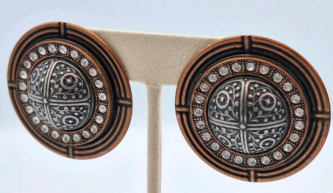 Antique Copper Domed Disc Button Statement Clip-o… - image 6