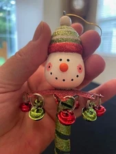 Christmas ornament 7X3" wooden snowman head with collar/ bells/and spiral drop