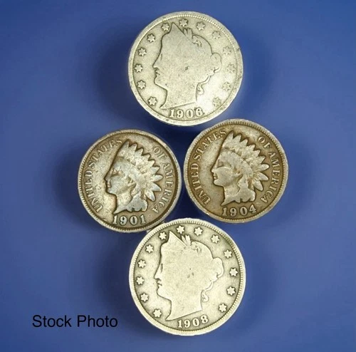 Indian Head Penny, Liberty V Nickel - 4 coin lot. Mixed Dates. 💥Mega Value💥