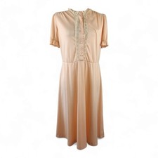 Vintage Peach Prairie Coquette Midi Day Dress Size Medium Lace Bow Aline Cottage