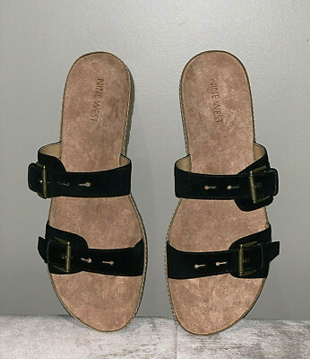 Women Nine West Sandals Tick Tock Platform Slides Black Suede NEW