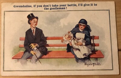 Frühes 20. Jahrhundert Donald McGill Krankenschwester/Nanny Baby ablehnende Milchflasche Comique Serie