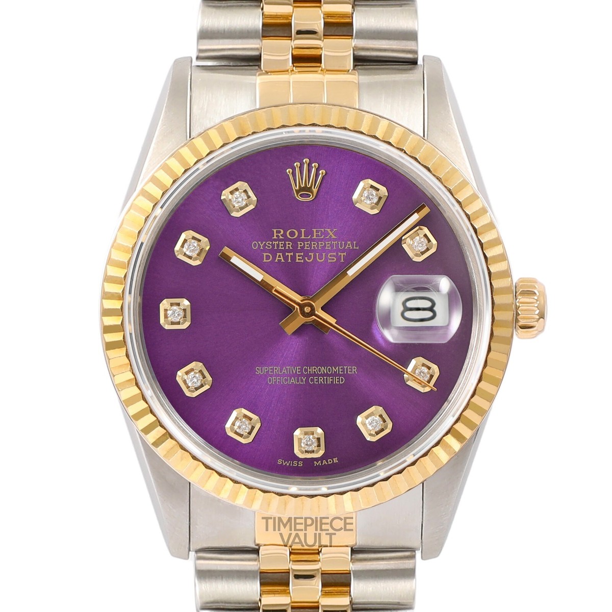 ROLEX DATEJUST 16233 GOLD STEEL 36MM WATCH PURPLE DIAMOND 18K