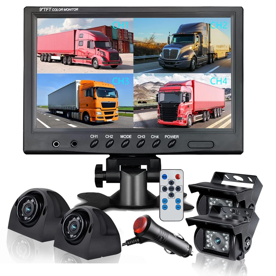 9" Quad Monitor 800*480 4PIN CCD Backup Camera for Truck Bus Trailer Caravan RV - Image 2 of 4